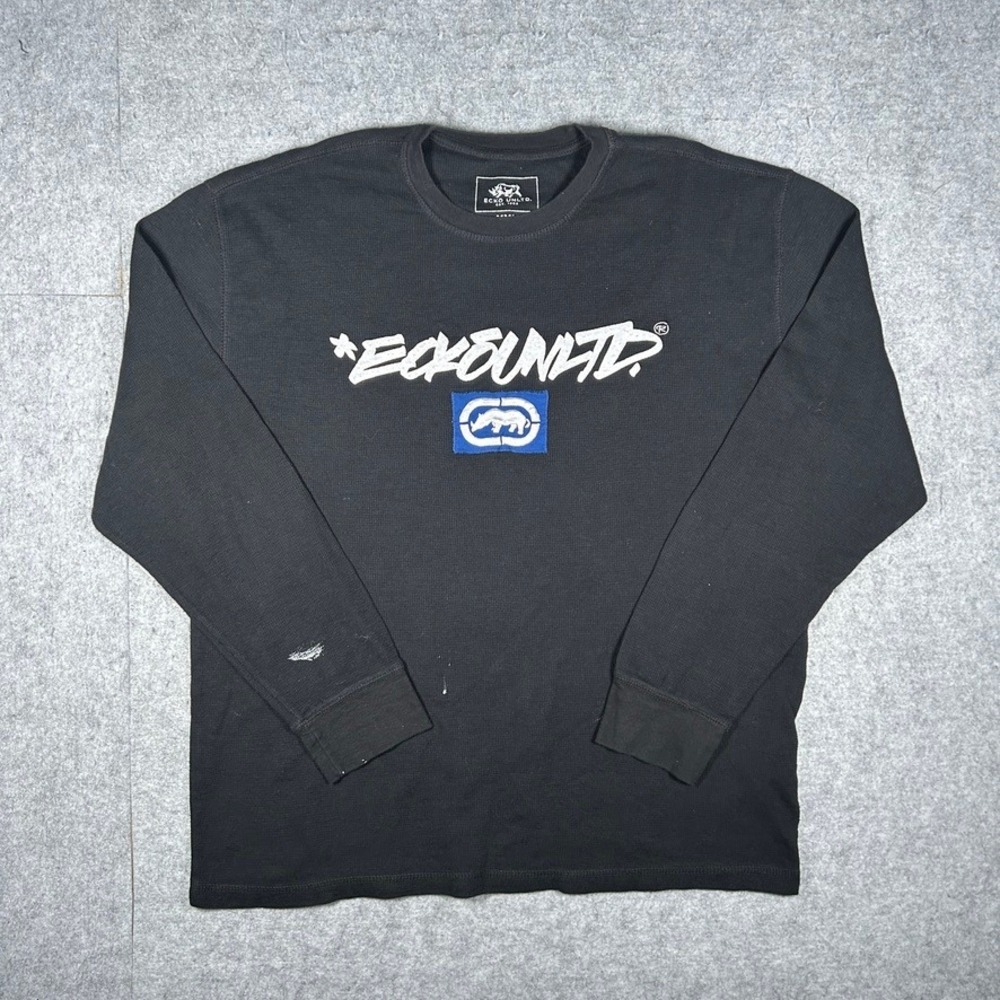 Ecko Unltd Long Sleeve Shirt Mens XXL Black Waffle Knit Graphic Y2K Streetwear